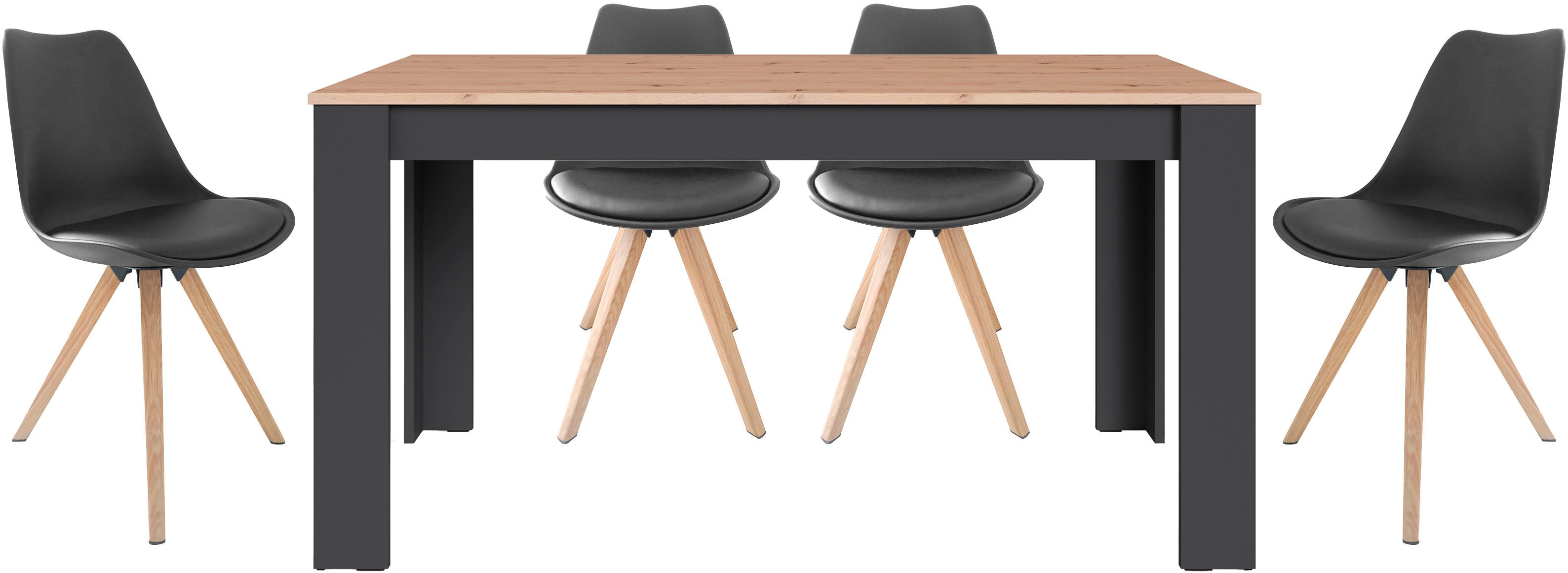 Essgruppe BYLIVING "Kira", artisan eiche, schwarz, schwarz, eichefarbig, B:160cm H:75cm T:90cm, FSC-zertifizierter Holzwerkstoff, Kunststoff, Metall, Sitzmöbel-Sets, modernes Set mit 4 Stühlen in mehreren Farben und Größen erhältlich Image