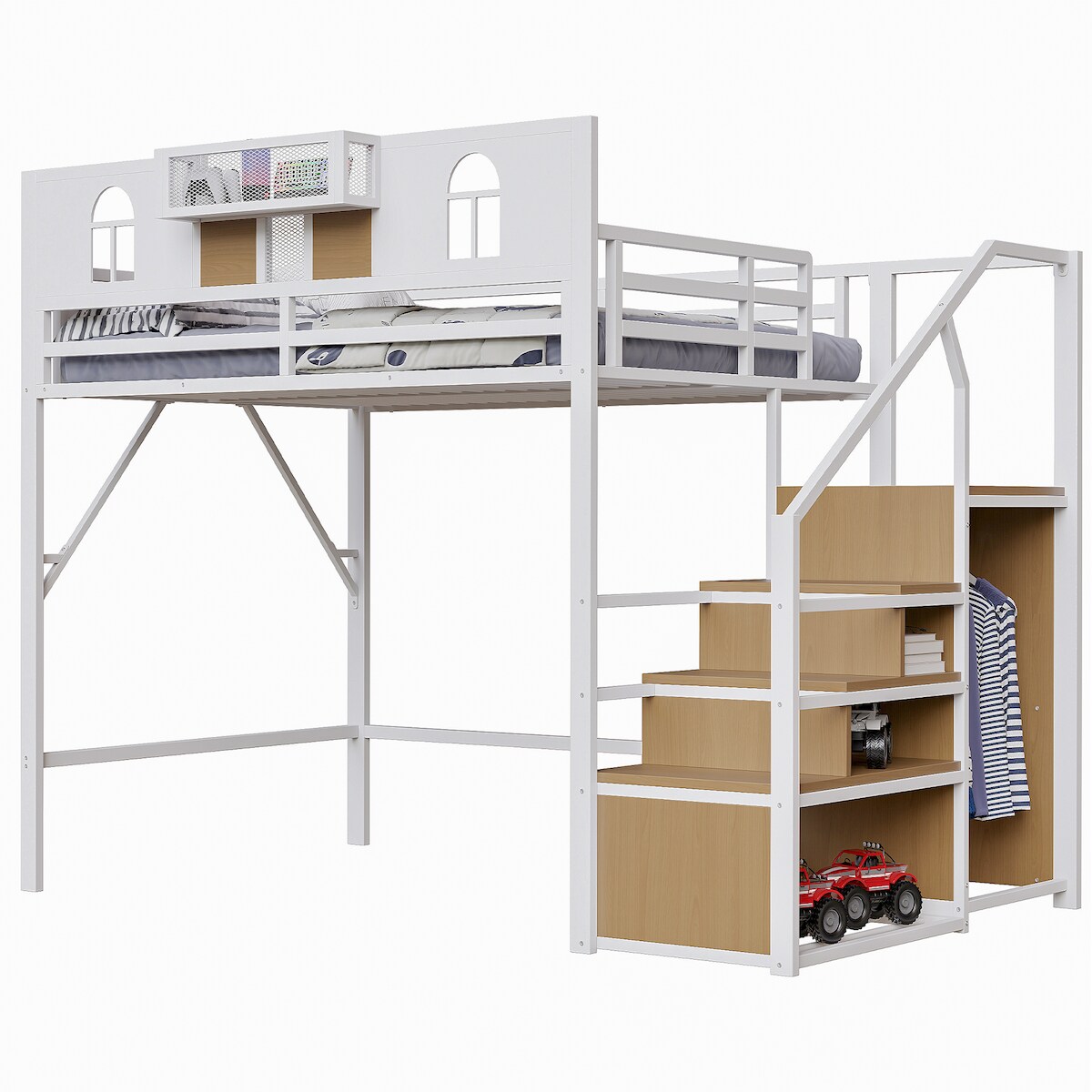 OKWISH Hochbett Metall mit Stauraum, Sicherheitsleiter, Ablage, Loftbett für kleine Räume, Schreibtischbereich, robust, 140x200 cm, Weiß Image