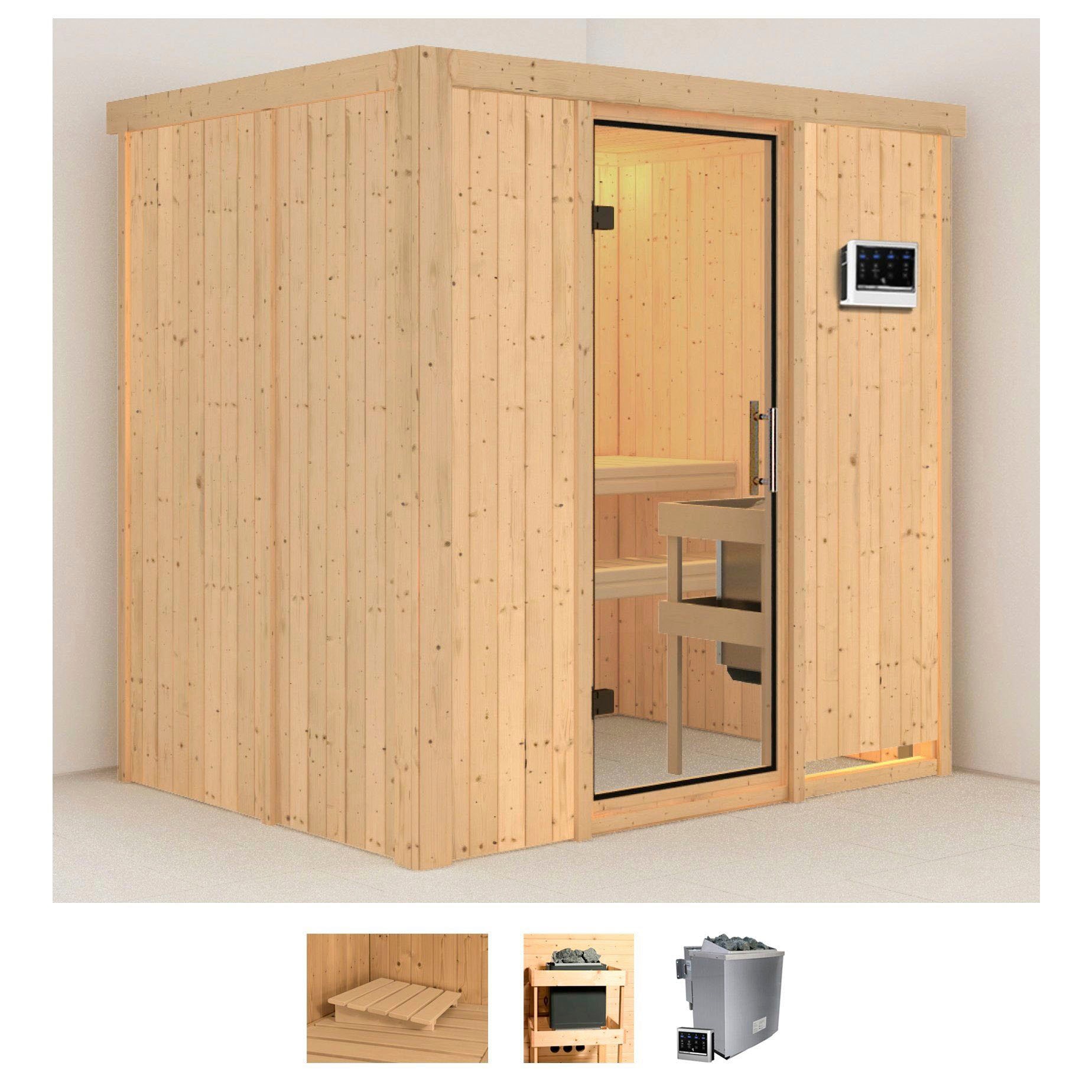 Sauna KARIBU "Bedine", beige (naturbelassen), Bio-Kombiofen, externe Steuerung, 9 kW, Saunen, 9 KW-Bio-Ofen mit externer Steuerung Image