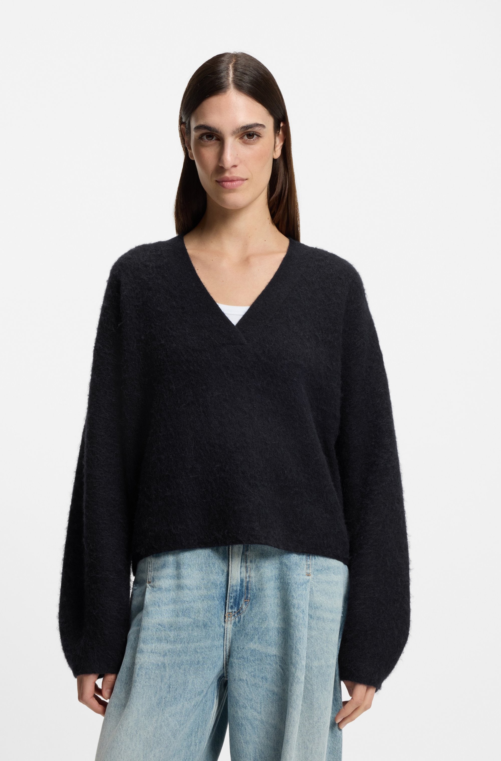 Strickpullover BOSS ORANGE "Fiti Premium Damenmode", Damen, Gr. M (38), dunkelblau 408, Strick, Obermaterial: 58% Polyamid, 21% Alpaka, 21% Wolle, unifarben, normal, V-Ausschnitt, Pullover, mit V-Ausschnitt Image