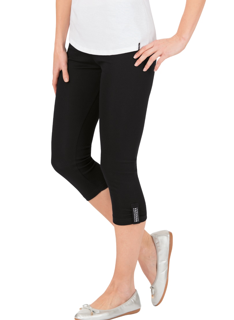 Leggings TRIGEMA "TRIGEMA Leggings 7/8 mit Kristallsteinen", Damen, Gr. L, US-Größen, schwarz, 95% Baumwolle, 5% Elastan, Basic, Hosen Image