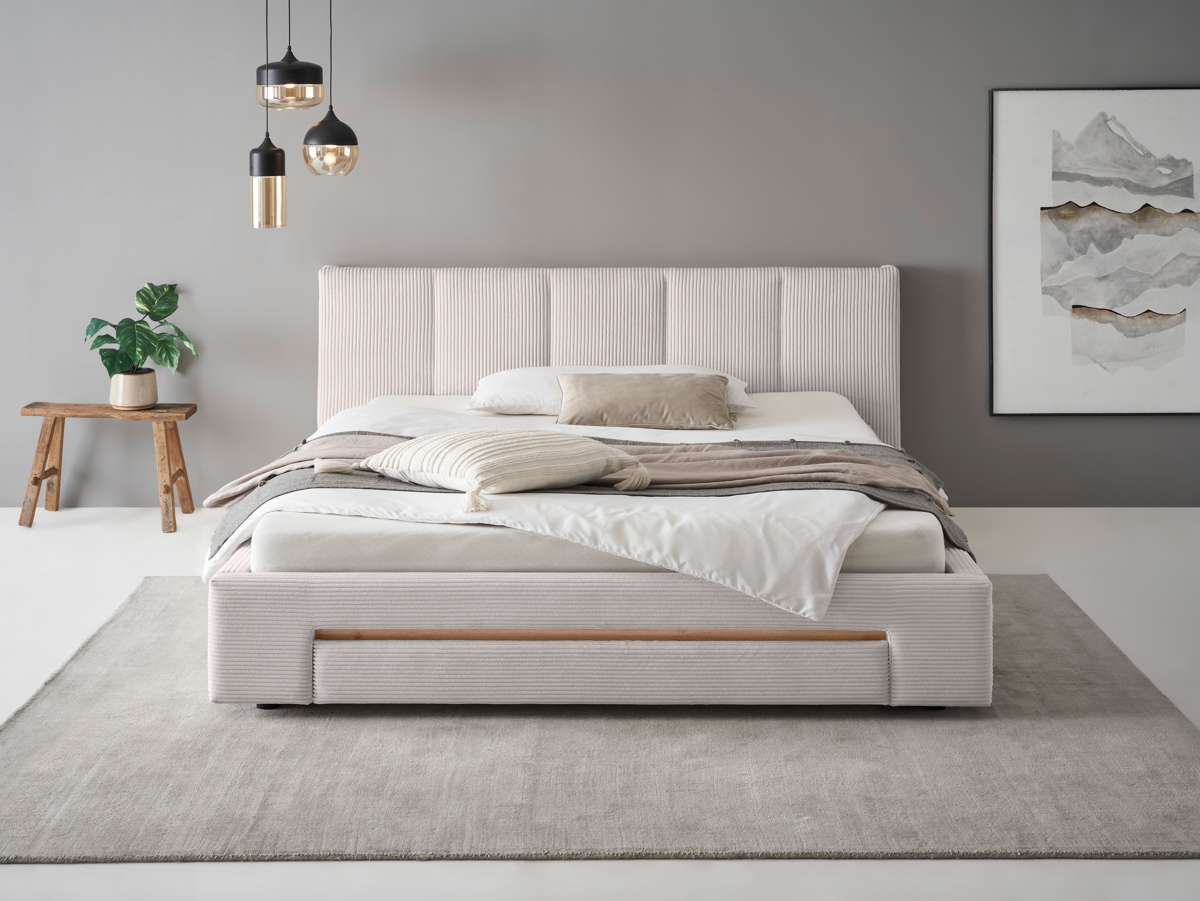 Polsterbett INOSIGN "CiTY/GiRON, Bettgestell mit Bettkasten, gepolstertes Stauraumbett", beige (hellbeige), B:210cm H:96cm L:220cm, Betten, mit Hundebett oder Stauraumschublade, Bezug Cord-oder Leinenoptik Image