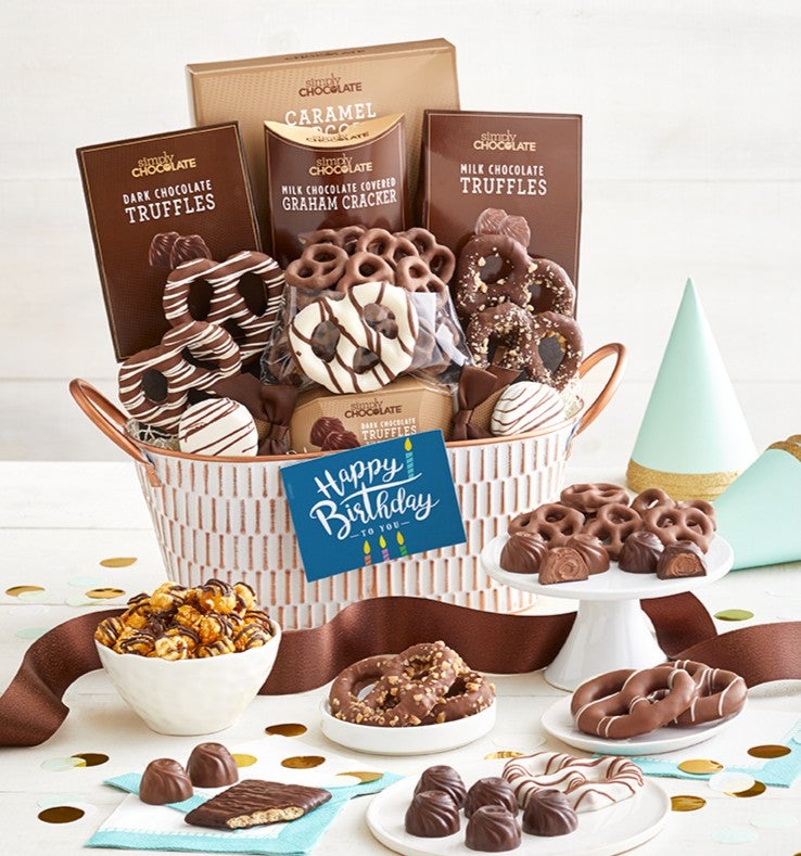 Happy Birthday Snacking Favorites Basket-Grande, Family Item Food Gourmet Candy Confections Chocolate, Gifts by Simply Chocolate