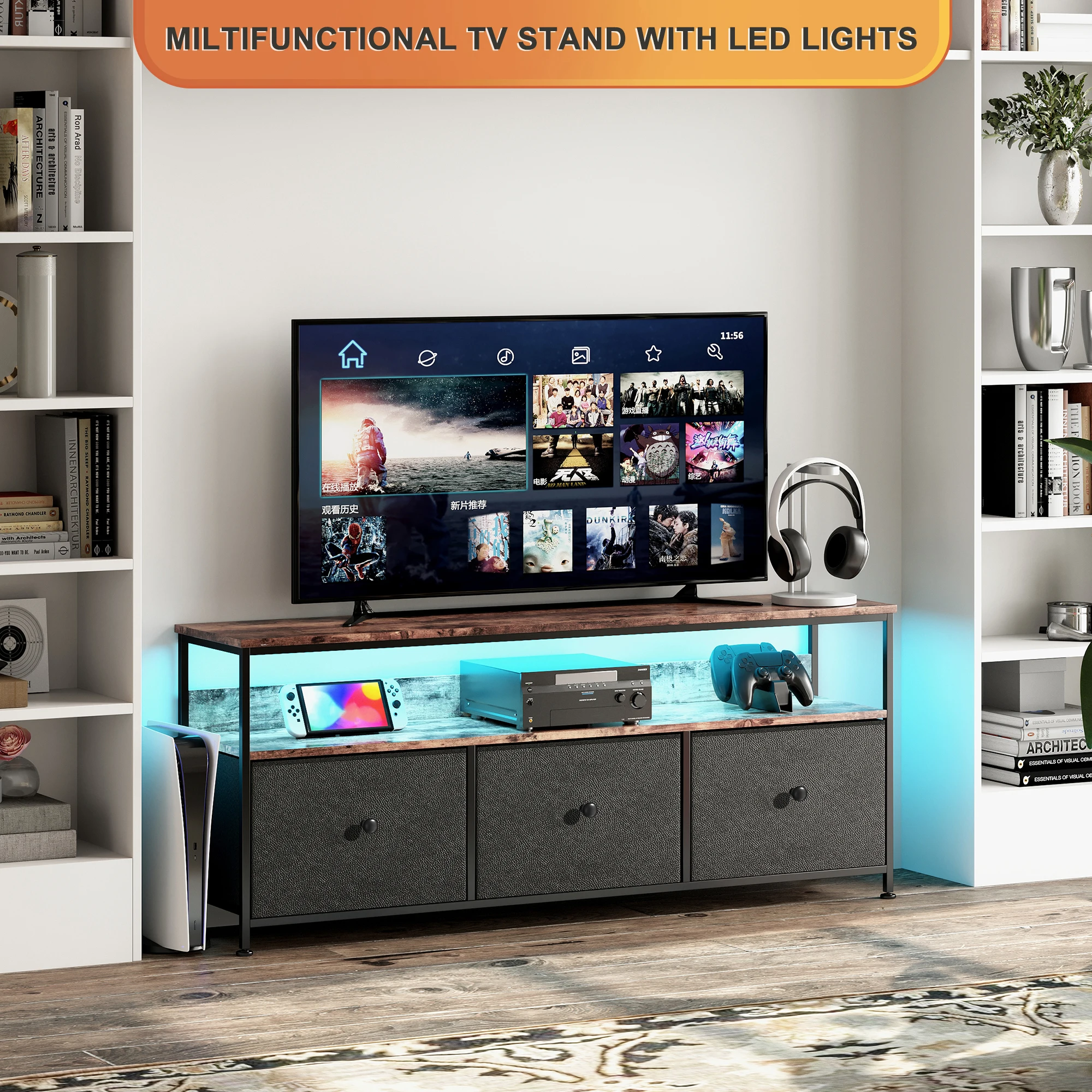Comanlai Meuble TV vintage avec éclairage LED, meuble TV LED, meuble avec 3 tiroirs et étagères, table TV, pour salon, chambre à coucher
