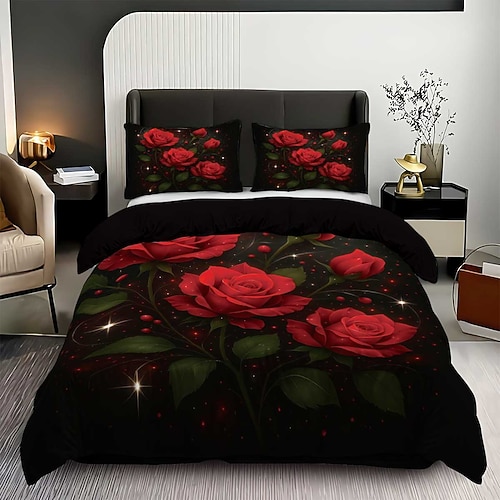 Red Rose Love 3-teiliges Daunenbettbezug-Set für große Betten, weicher, kurzer Fleece-Bettbezug mit 2 Kissenbezügen – Hotelbettwäsche, gemütlich komfortabel Image