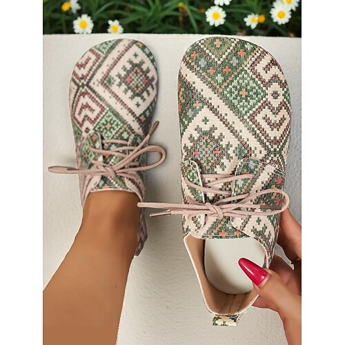 Lässige Schnürschuhe für Damen mit Ethno-Print und weiter Passform – bequeme Canvas-Wanderschuhe für den Alltag, Reisen, die Arbeit und Outdoor-Aktivitäten Image