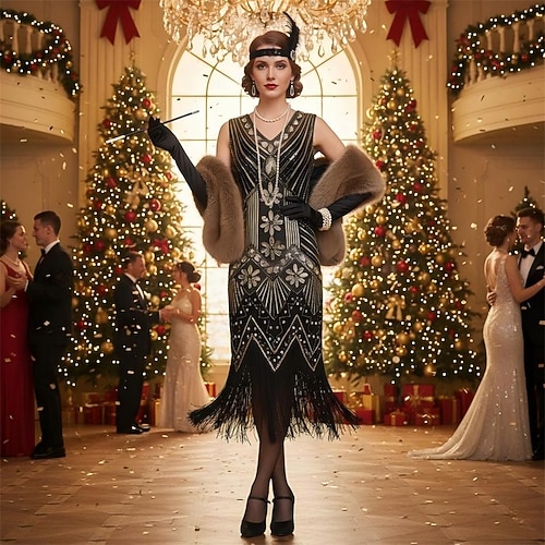 Set Goldene Zwanziger 1920er Midlänge Flapper Kleid Ausgefallene Kostüme Kunstpelz-Schal mit Zubehör Der große Gatsby Flapper-Mädchen Pailletten Quastenfransen Kostüm Damen Neujahr Maskerade Image