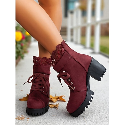 Braune Damenstiefeletten zum Schnüren mit dickem Absatz und Häkelbesatz, modische Stiefeletten aus Wildlederimitat im Vintage-Stil für lässige Outfits und Outdoor-Events Image