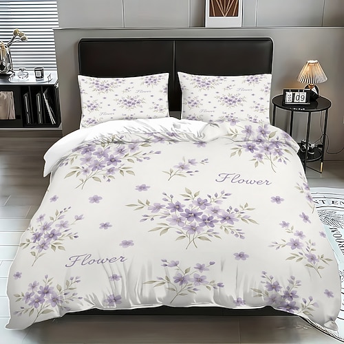 3-teiliges Daunenbettbezug-Set mit violettem Blumenmuster für Queensize-Betten, weicher Bettbezug mit 2 Kissenbezügen – Hotel Gästezimmerbettwäsche, gemütlich komfortabel Image