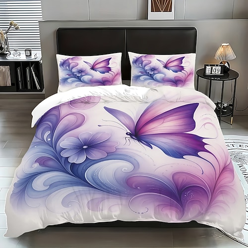 3-teiliges Daunenbettbezug-Set mit lila Schmetterlingsblumenmuster für Queensize-Betten, weicher Bettbezug mit 2 Kissenbezügen – Hotel Gästezimmerbettwäsche, gemütlich komfortabel Image