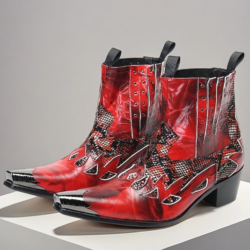 Herren-Cowboystiefel aus Leder im rot-schwarzen Flammendesign mit Metallkappe und Nietenverzierung, Westernstiefeletten aus 100 % Rindsleder für Bühne und Club Image