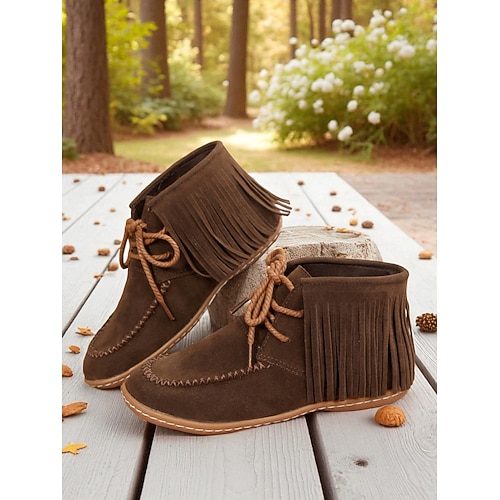 Damen-Mokassinstiefel mit Fransen aus Wildlederimitat – Retro-Schnürstiefeletten für den Herbst, Outdoor-Abenteuer und den lässigen Alltagsstil Image
