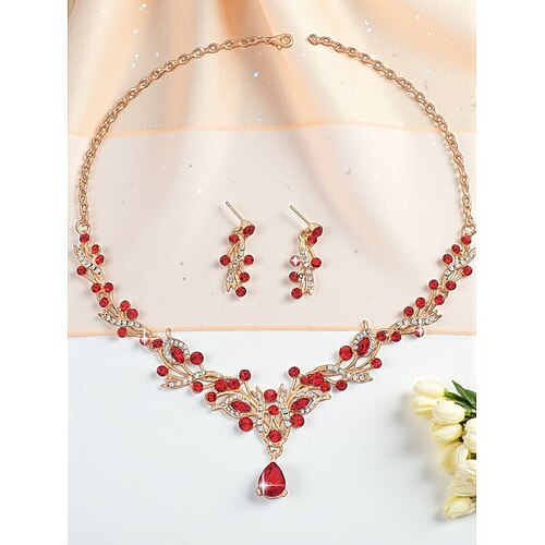 Damen-Schmuckset mit roten Kristallen, elegantes Set aus Halskette und Ohrringen mit Strasssteinen und goldenen Details, perfekt für Partys und Hochzeiten Abendveranstaltungen Image