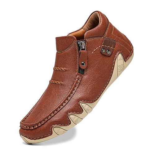 Herren-Mokassins aus kastanienbraunem Kunstleder mit seitlichem Reißverschluss und flexibler Sohle, handgefertigte Freizeit-Loafer zum Autofahren und für draußen Image