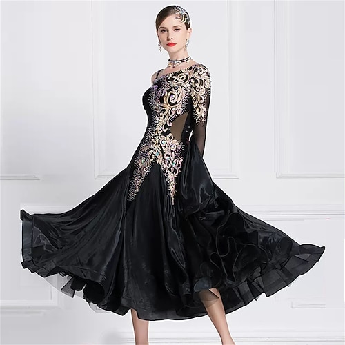 Damen-Ballsaal-Tanzkleid mit einer Schulter, besticktem Netzstoff, Walzer-Tango-Wettbewerbskleid mit Strass-Details – Schwarz Image