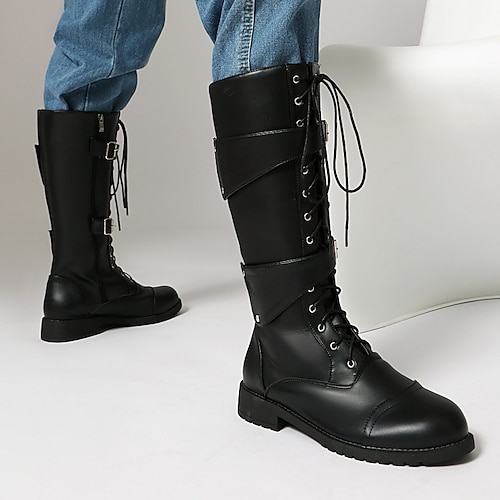 Schwarze Gothic-Kniestiefel aus Kunstleder für Herren mit Schnürung und Schnallenriemen, Vintage-Reitstiefel für Bühne und Party Image