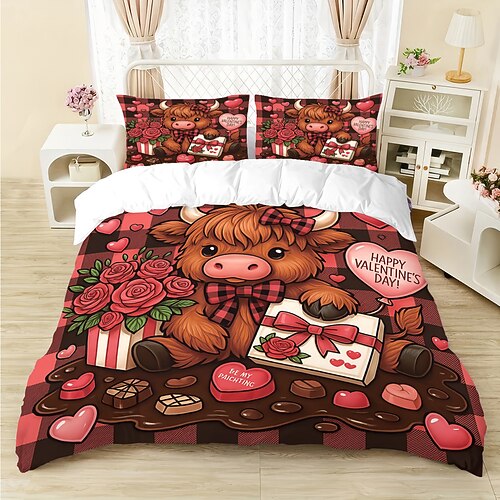 Süßes, geblümtes Hochlandrind-Daunenbettbezug-Set, 3-teilig, für große Betten, weicher, kurzer Plüsch-Bettbezug mit 2 Kissenbezügen – gemütliche Hotelbettwäsche komfortabel Image