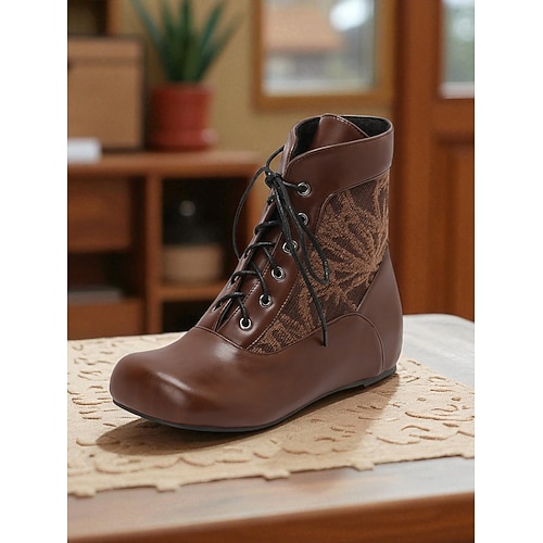 Braune Damen-Ankle-Boots aus Kunstleder und Stoff mit verstecktem Keilabsatz und Schnürung, viktorianische Vintage-Schuhe für Retro-Outfits, Cosplay und Alltag Image