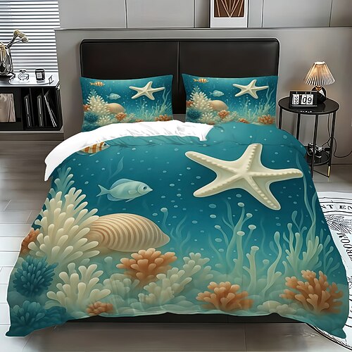 Unterwasserwelt Seestern 3-teiliges Daunenbettbezug-Set mit Oktopus-Motiv für Queensize-Betten, weicher Bettbezug mit 2 Kissenbezügen – Hotel Gästezimmerbettwäsche, gemütlich komfortabel Image