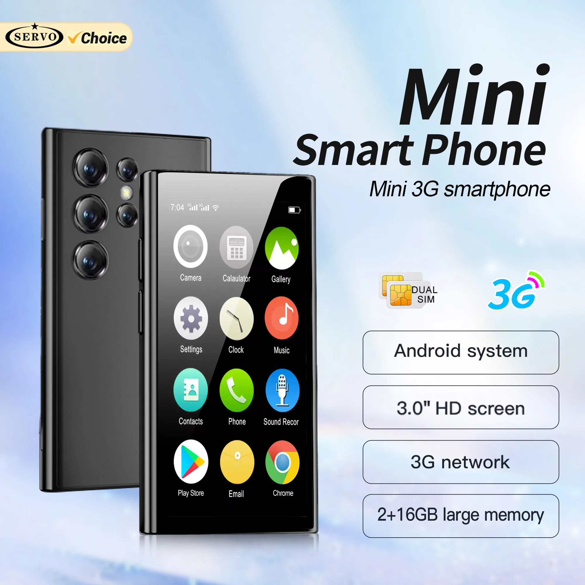 SERVO S26 3G WCDMA Mini-Smartphone 2 GB RAM 16 GB ROM Google Play Face Unlock 3,0-Zoll-Touch-Display Winzige Smartphones 2 SIM-Standby