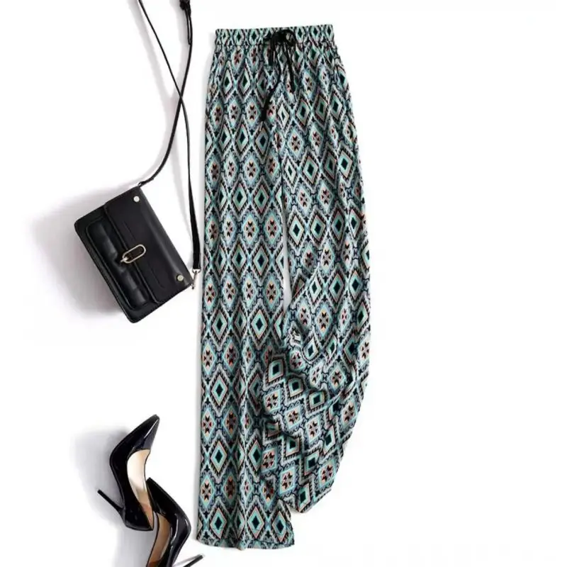 Grün Druck Vintage Elastische Hohe Taille Spitze Up Lose frauen Hosen Koreanische Mode Breite Bein Volle Länge Hosen für Frauen 2025