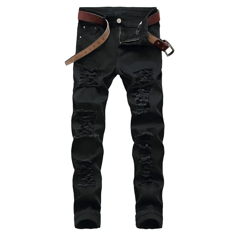 2025 Loch Jeans hose Herren Gezeiten Marke ruiniert Loch Jeans solide schlanke All-Match High Street Hip Hop Hose rot weiß groß Image