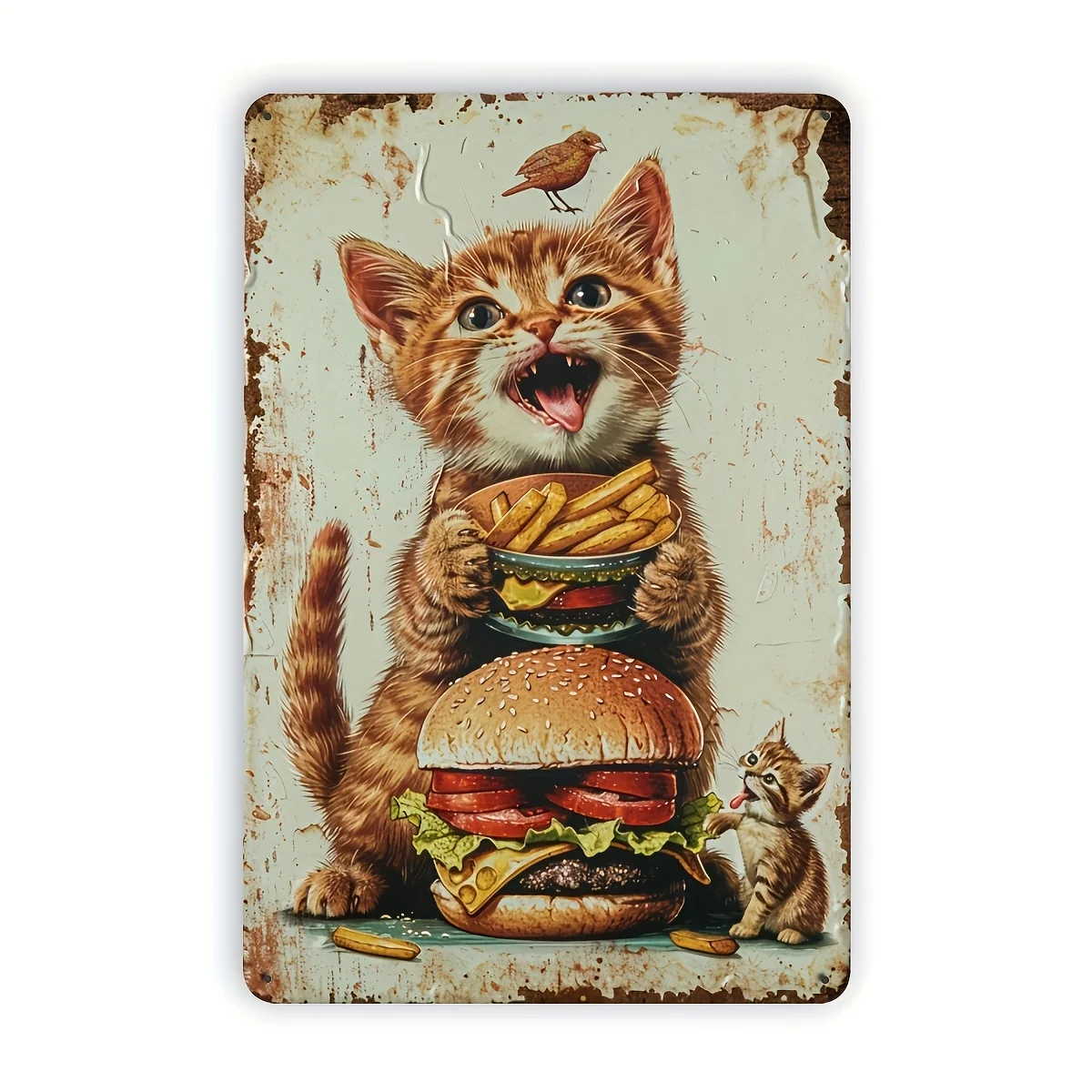 Metallblechschild „Cat & Burger“ – Wandkunst, rustikales Dekor mit verspieltem Kätzchen und Gourmet Burger, langlebiges Eisen, perfekt für Zuhause, B Image