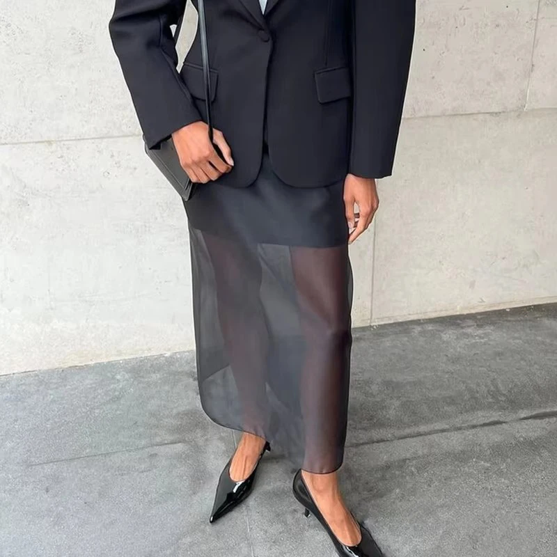 Tornova Schwarz Mesh Röcke Für Frauen Doppel-schicht Design Sexy Perspektive Hohe Taille Schlitz Hüfte Rock Weibliche Dünne Lose neue Sommer Image