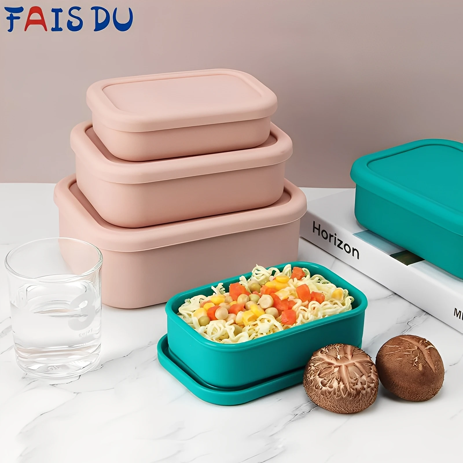 FAIS DU 1 Stück rechteckiger Silikon-Lebensmittelaufbewahrungsbehälter, Crisper mit Deckel, silikonversiegelt, auslaufsicher, Bento-Box, Camping-Lunchbox Image