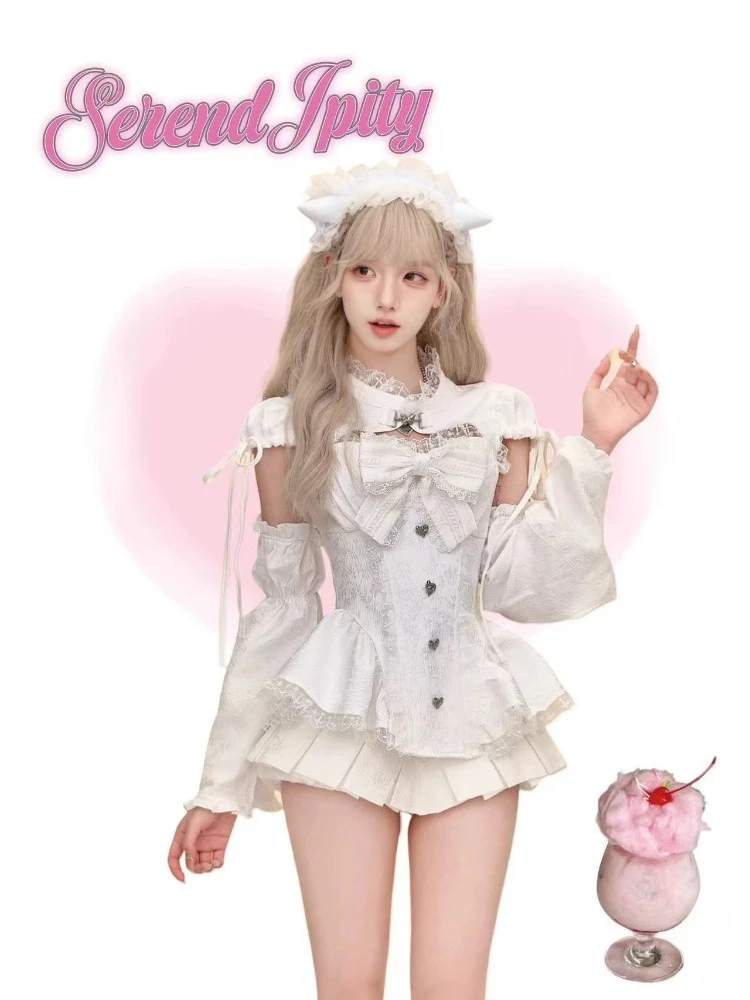 Estate giapponese dolce lolita moda gonna set donna kawaii pizzo patchwork fiocco top carino mini gonna torta coreano Y2k set da 2 pezzi