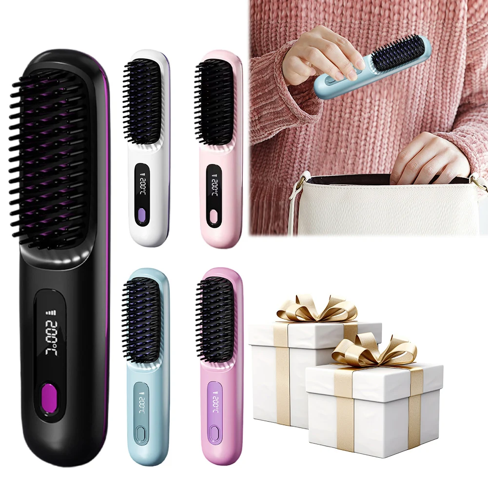 Cordless Hair Straightener Negative Ions Hair Straightener Digital Display Hair Straightening Brush Rechargeable for Home Travel