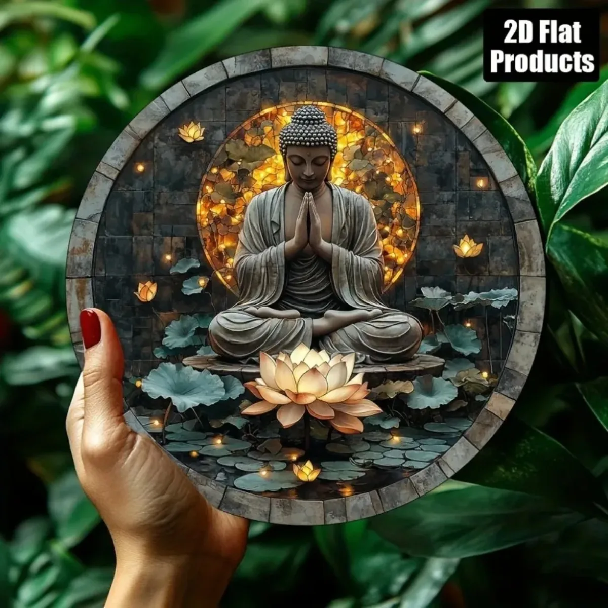 2D Flat Vintage Zen Buddha Aluminiumschild | Runde beleuchtete Buddha/Lotus-Plakette | Heim-/Bürodekoration