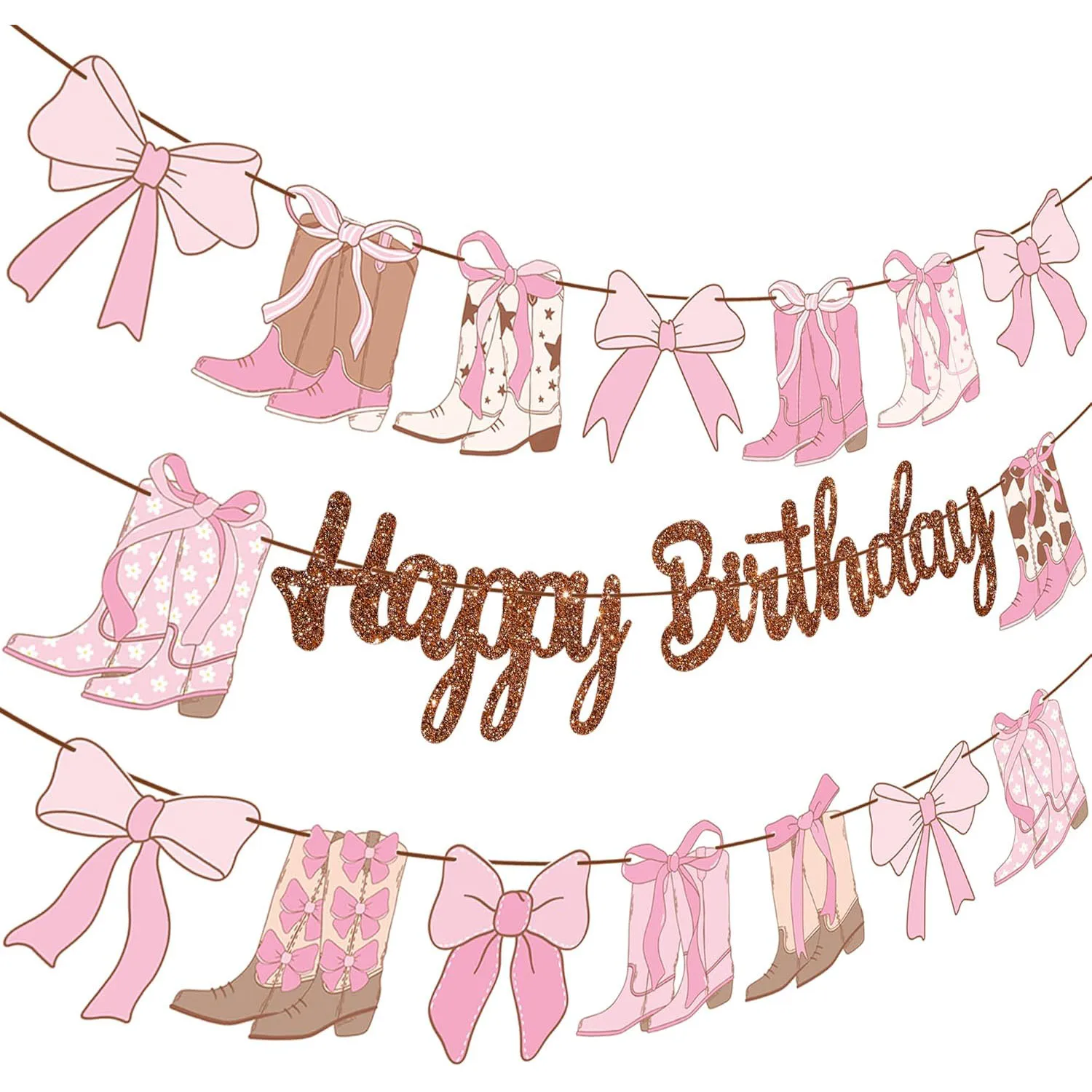 Cowgirl-Stiefel, Schleife, Geburtstagsbanner, Western-Coquette-Dekorationen, 3 Stück, Stiefel und Schleifen, Banner, glitzernde braune Kokette-Geburtstagsfeier Image