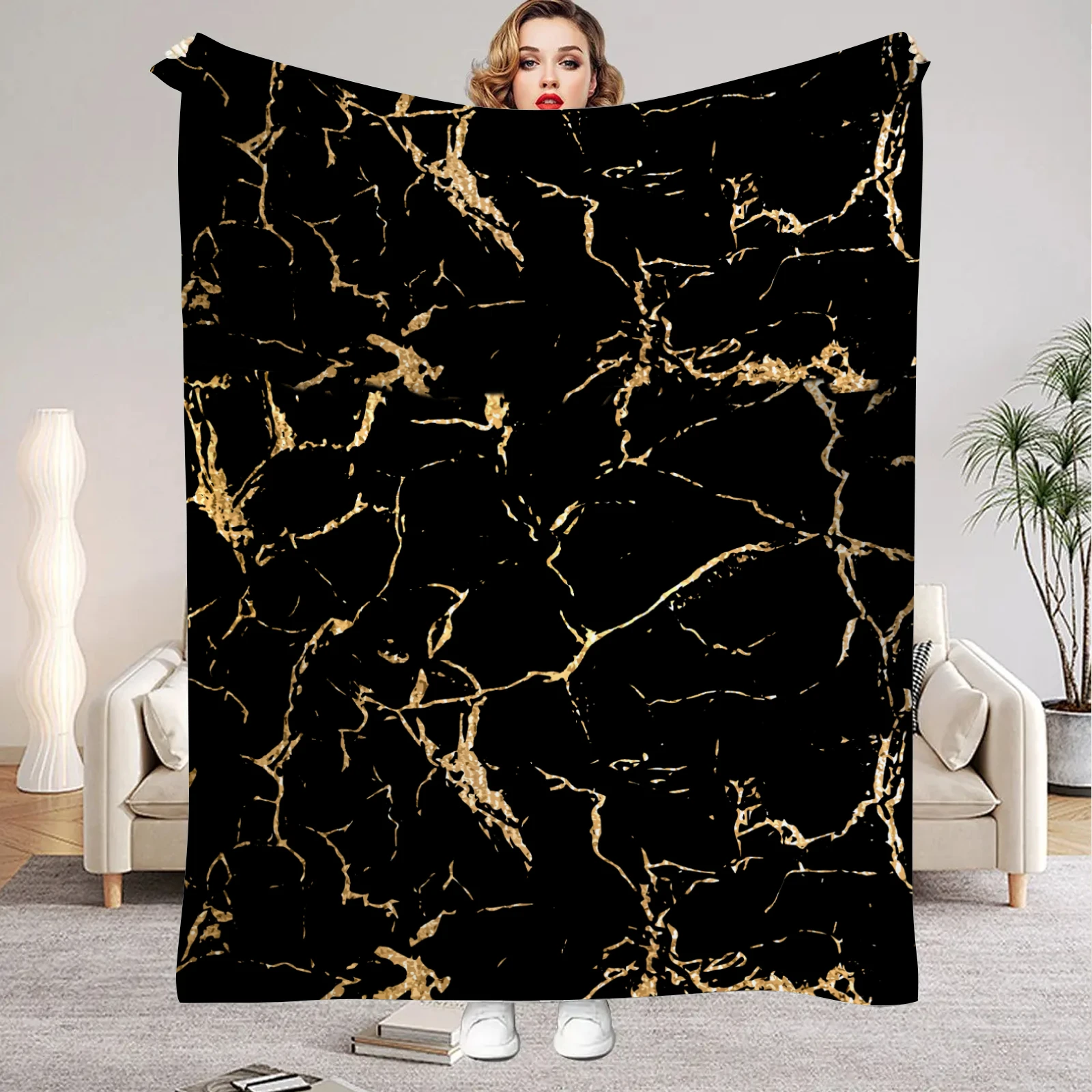 1 Stück schwarze Decke, angereicherter Marmor, bedruckt, luxuriös, bequem, Flanelldecke für Zuhause, Wohnzimmer, Schlafzimmer, Dekoration, Geburtstagsgeschenk Image