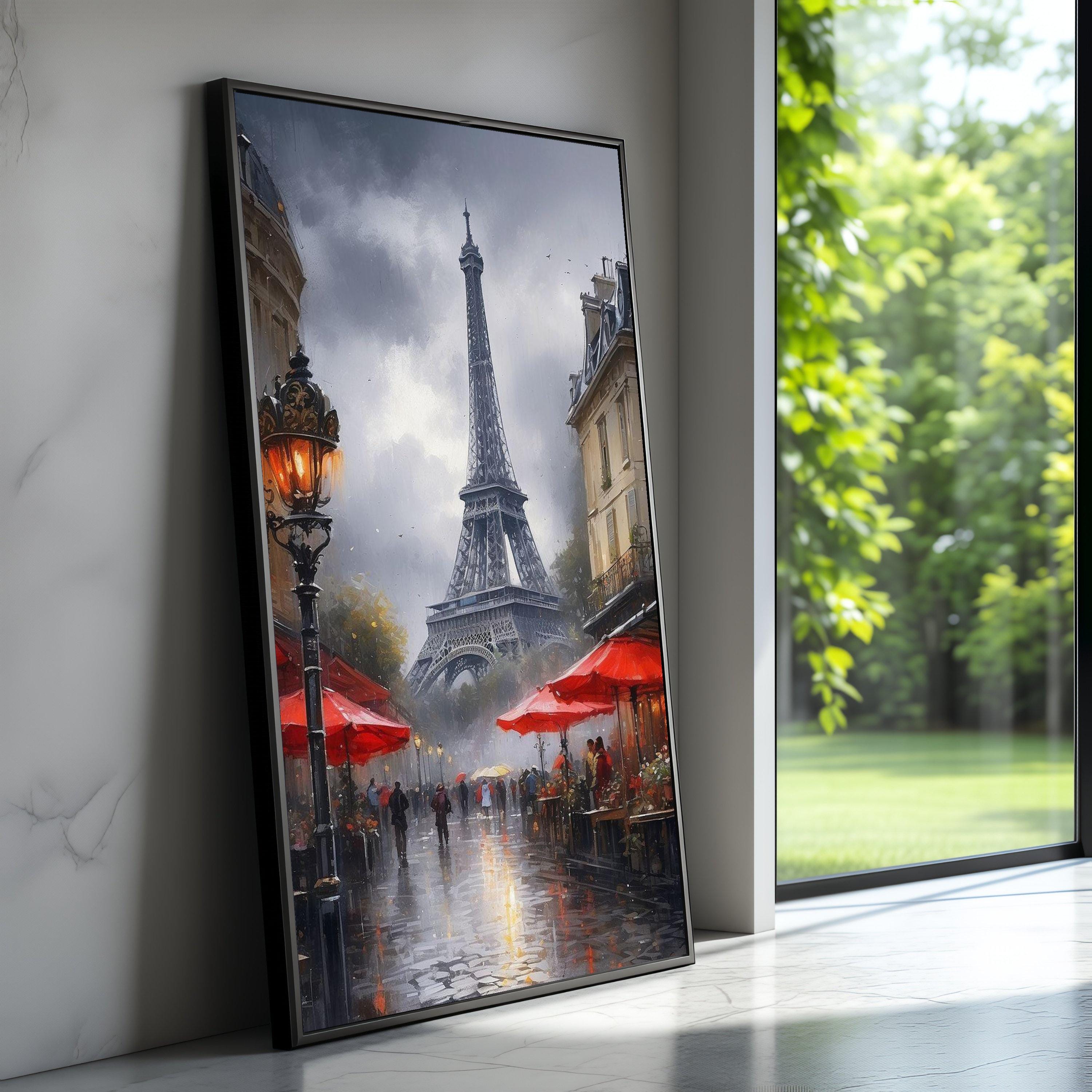 Quadro su tela raffigurante una scena di strada piovosa a Parigi, opera d'arte raffigurante la Torre Eiffel, quadro su tela raffigurante un paesaggio