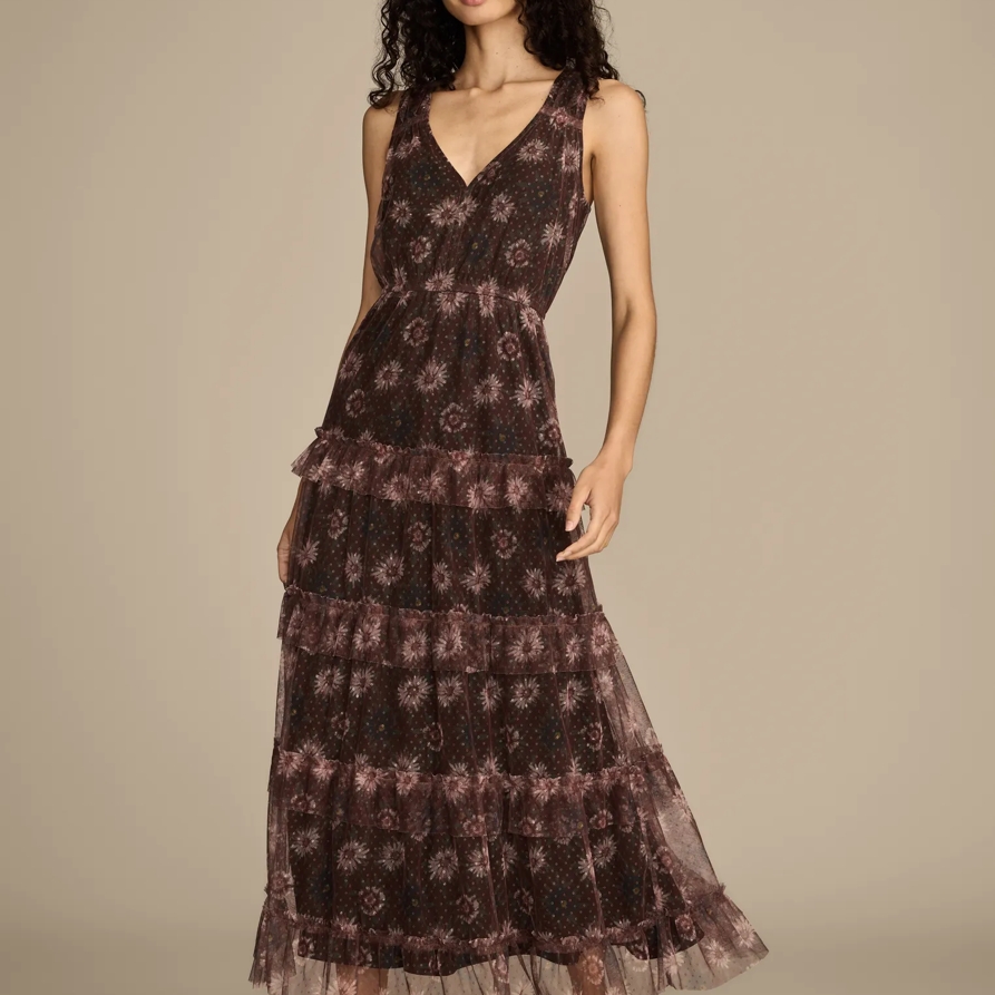 Lucky Brand Floral Mesh Tiered Midi Dress - Women's Clothing Dresses Shirt Midi Dress in Black Floral, Size XL