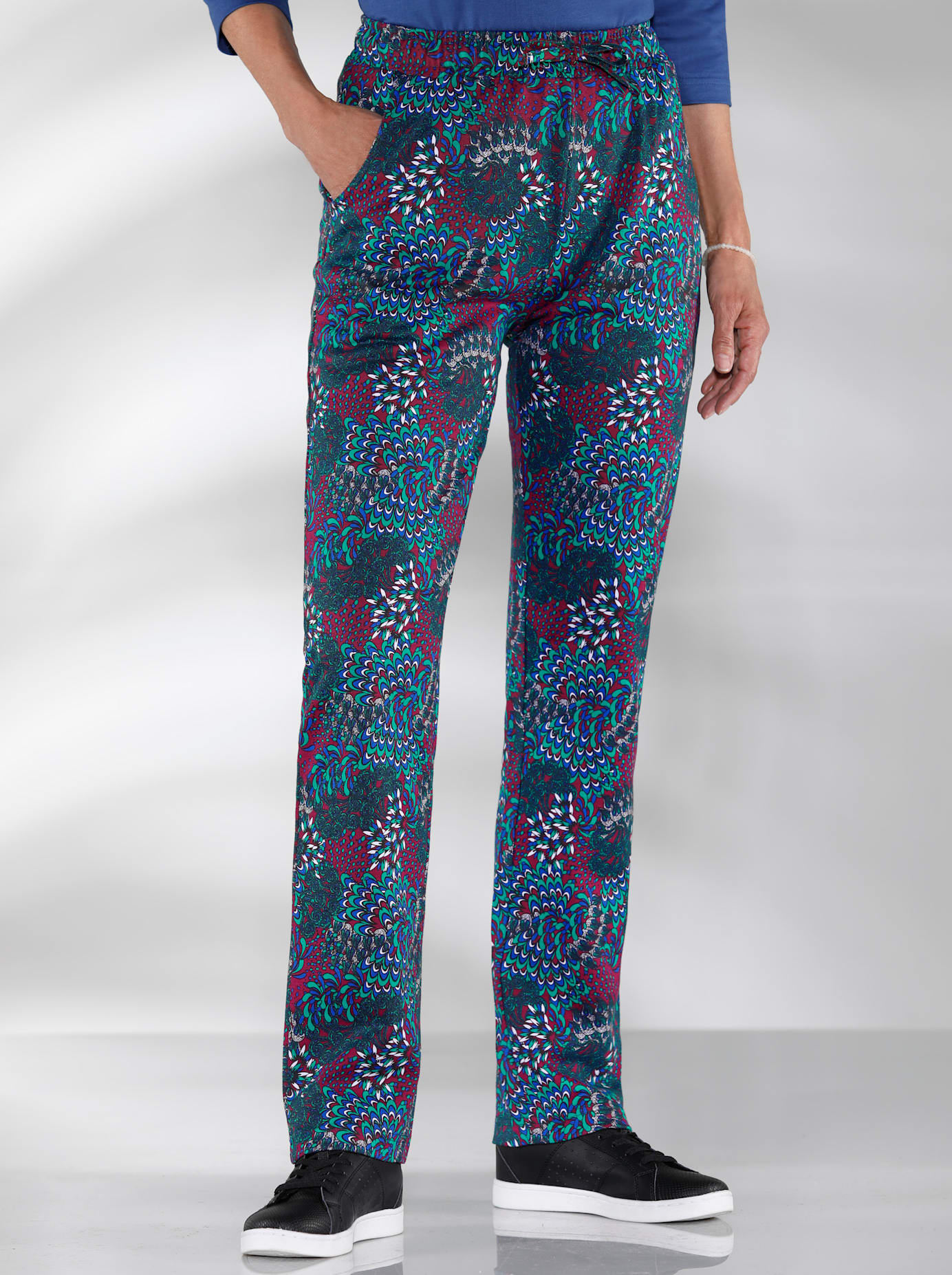 Jerseyhose CLASSIC BASICS, Damen, Gr. 48, Normalgrößen, bunt (rot, grün, gemustert), 100% Baumwolle, gemustert, mehrfarbig, lang, Hosen Image