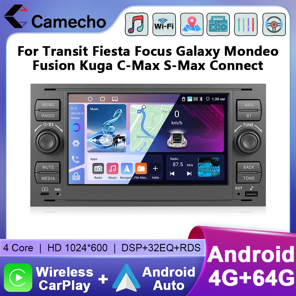 Camecho 4 + 64G Auto Radio Drahtlose CarPlay Android Auto Für Ford Focus 2 Mondeo S C Max Kuga Fiesta fusion Auto Intelligente Systeme Image