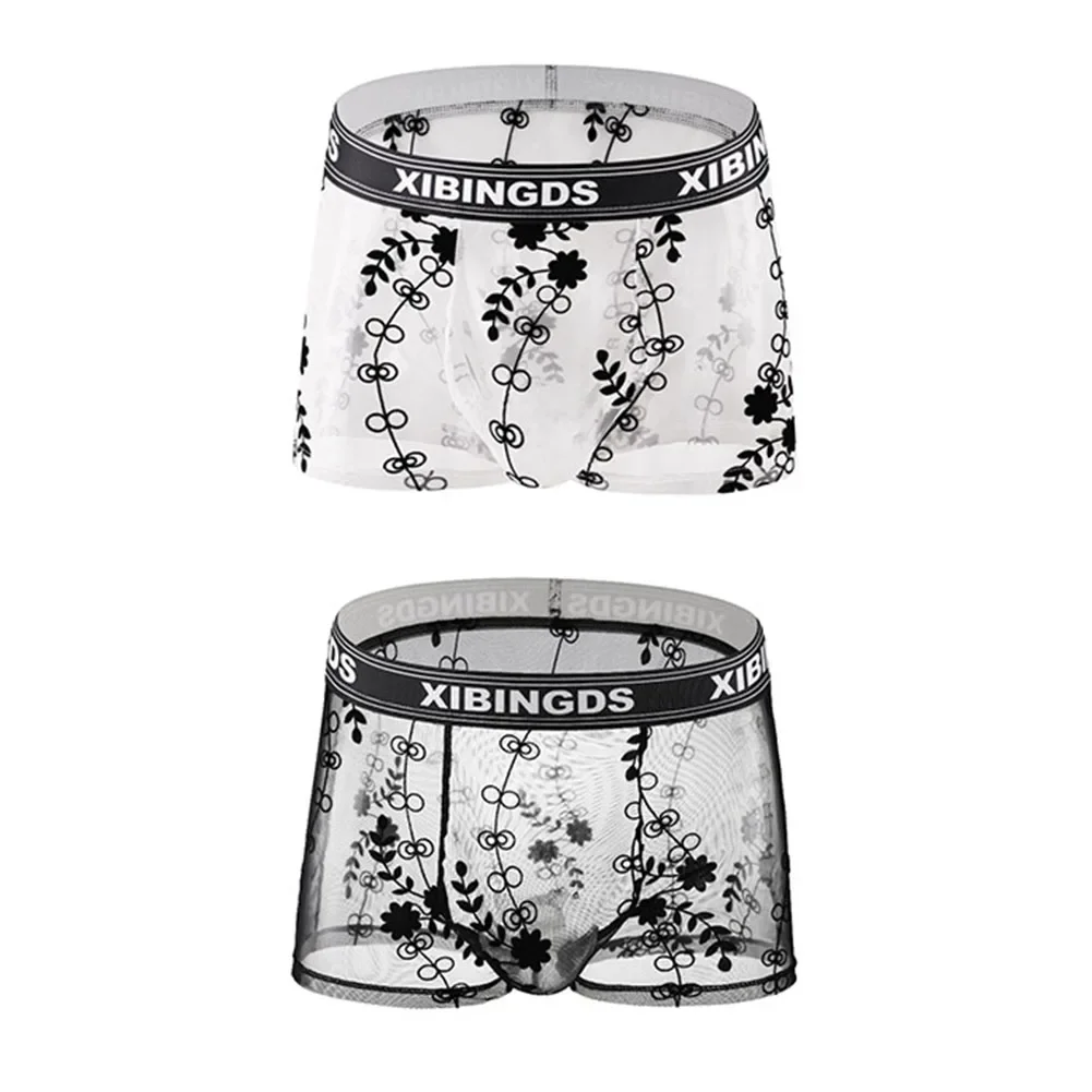 Herren-Unterwäsche, durchsichtig, Netz-Boxershorts, sexy Spitze, atmungsaktives Muster, Schlafhose, sexy Shorts, U-konvexer Beutel Image