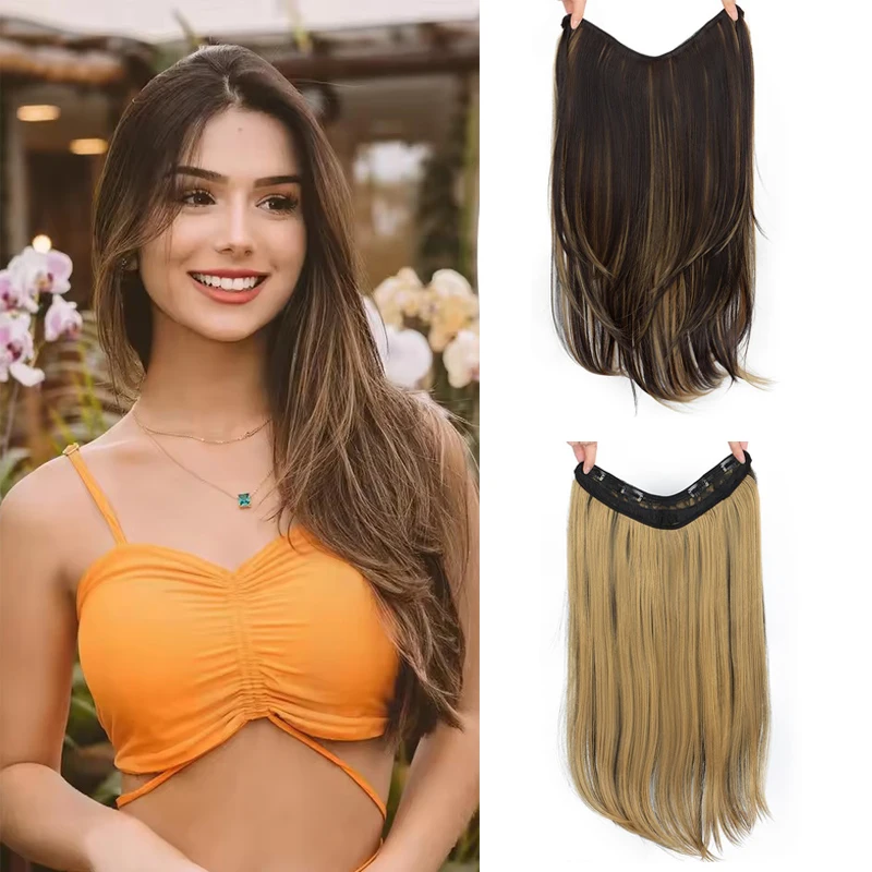 Synthetische 55CM V-förmige Haarverlängerung Stück Perücke langes glattes Haar weibliche natürliche Verbindung nahtlose Clip Haar Perücke Stück Image