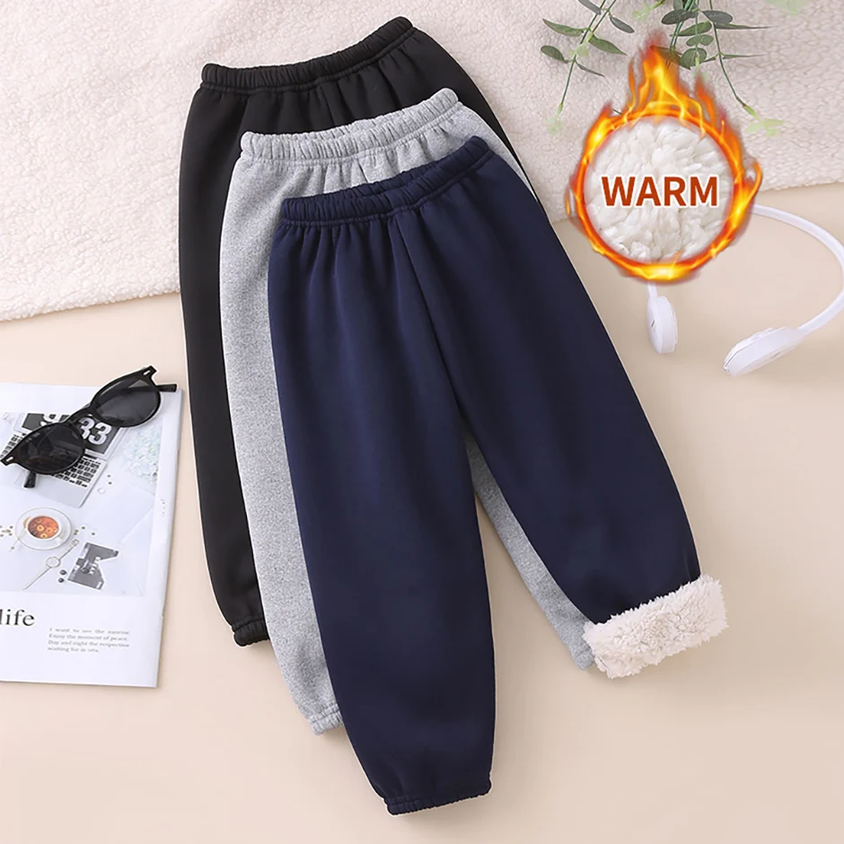 Herbst Und Winter Kinder Plüsch Warme Sport Casual Hosen Für Jungen Und Mädchen Einfarbig Mode Dicke Winddicht Harun Hosen Image