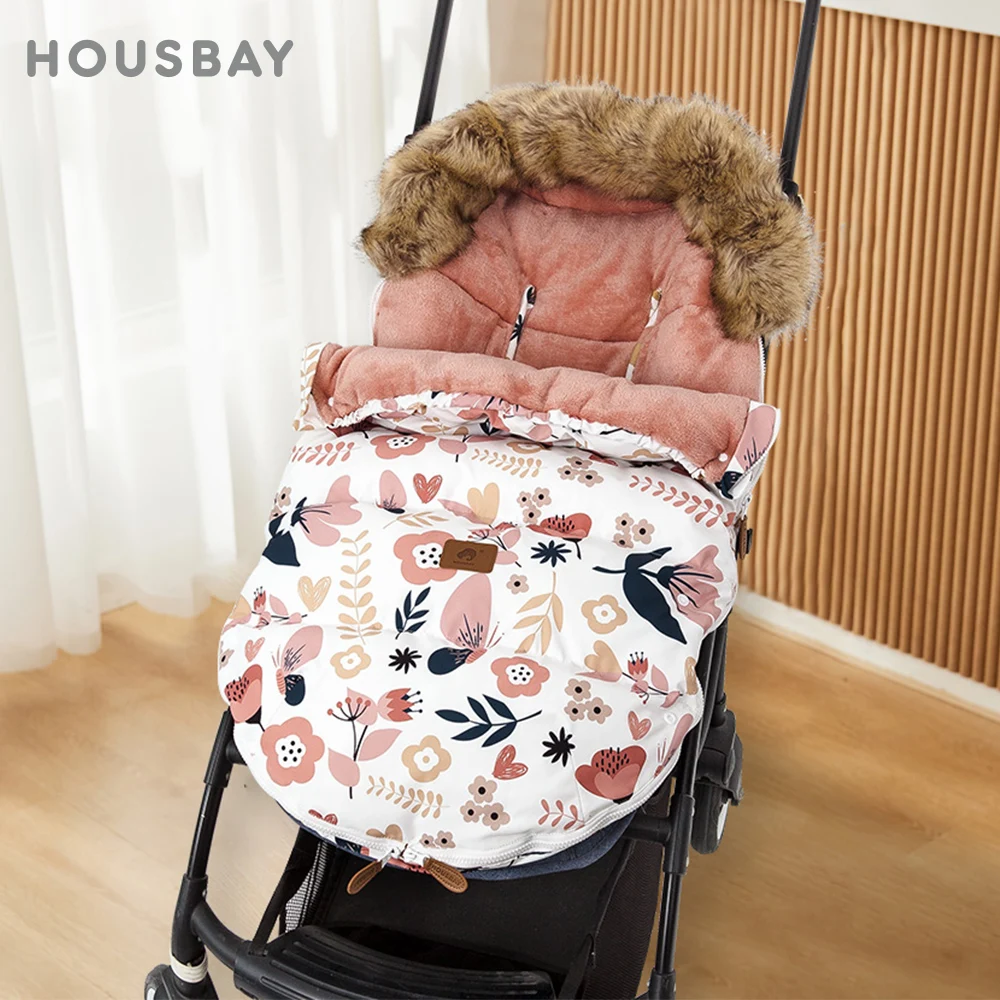 Baby-Fußsack im Kinderwagen, winddicht, Pelzkragen, Winter, warm, universeller Kinderwagen-Umschlag, hübscher Blumendruck für Mädchen von 0–24 Monaten Image