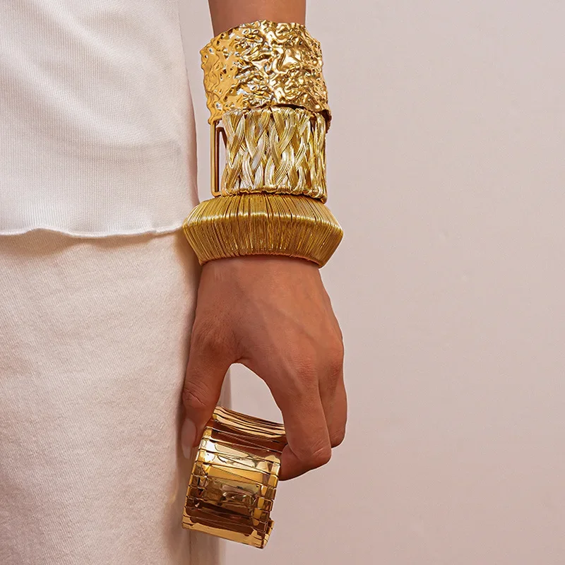Multi-stil Gold Farbe Serie Dicke Metallic Armbänder Manschette Armreifen Unisex Geometrische Manschette Armbänder Punk Hip Pop Rock Schmuck F