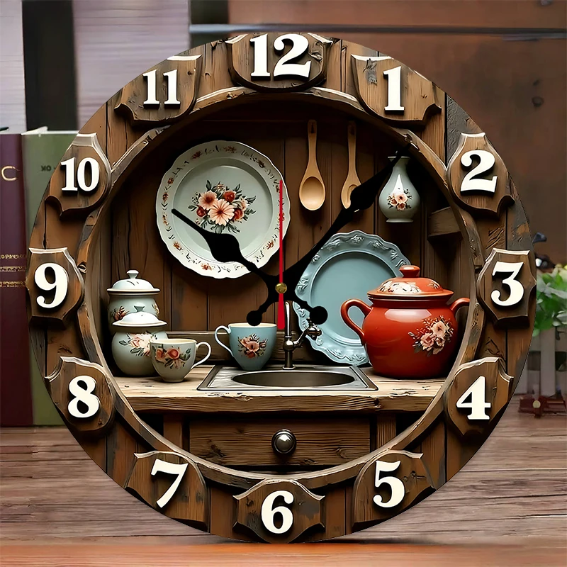 2D flache Vintage-Küchen-Design-Wanduhr aus Holz, rund, geräuschlos, zum Aufhängen, für Wohnzimmer, Büro, Arbeitszimmer, Schlafzimmer, Heimdekoration Image