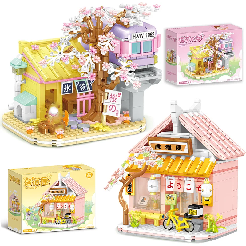 Kreative Street View Izakaya Sakura Haus Modell Bausteine Stadt Kirschblüte Hütte MOC Ziegel Mit Figur Spielzeug Für Kind Geschenk Image
