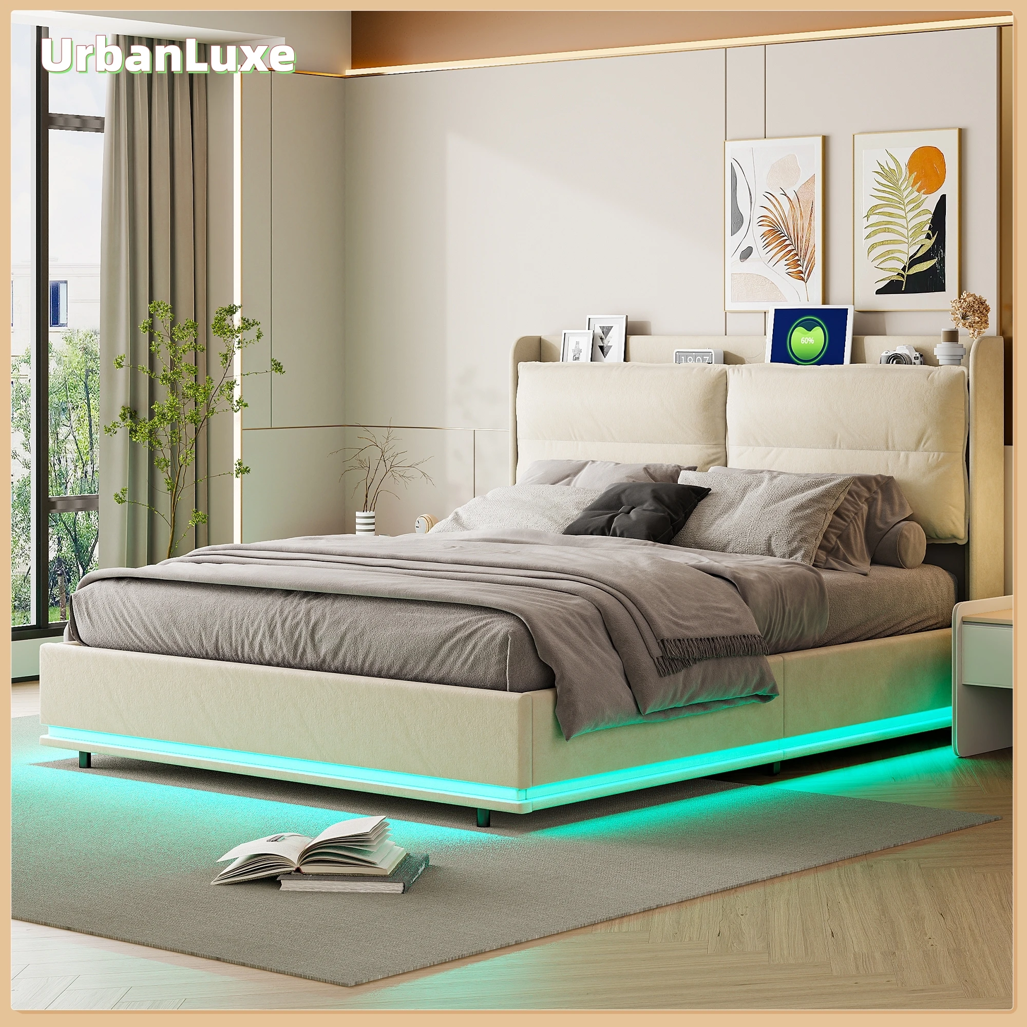 UrbanLuxe Bett 140x200 cm mit Lattenrost, LED-Lichtleiste und Ladeanschluss, Bett mit Stauraum, Flanell, Off-White