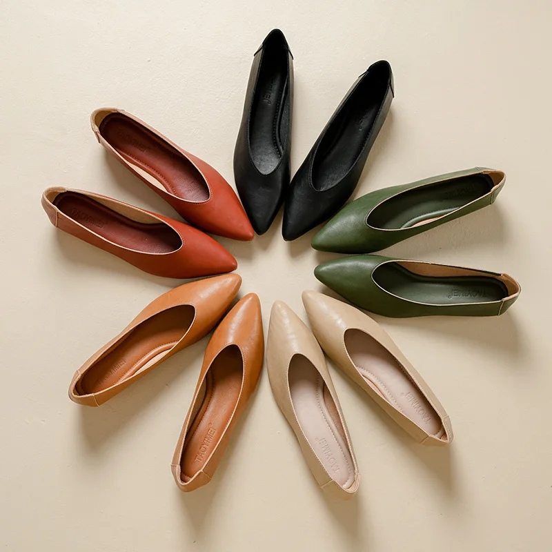 Weibliche Schuhe Große Größe 2025, Spitze Zehen Echtes Leder Flache Schuhe Frauen Flacher Mund Bequeme frauen Bootsschuhe