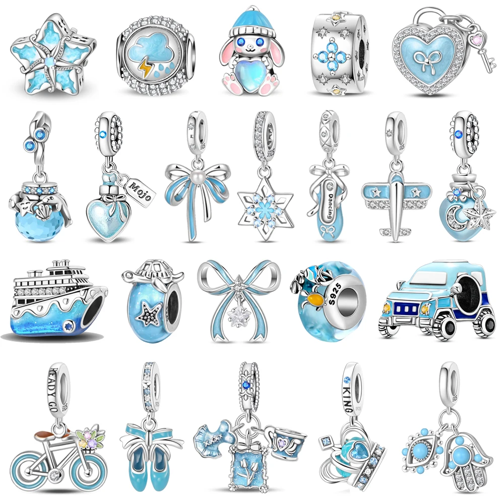 Vendita calda argento sterling 925 perline chiave a forma di cuore e corona ciondola il fascino braccialetto adatto collana boutique regalo pendente azzurro
