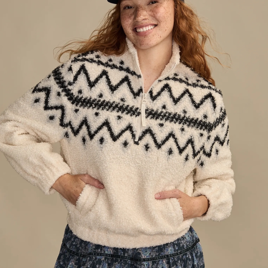 Lucky Brand Half Zip Fleece Sweatshirt - Women's Clothing Tops Sweatshirts Crewneck Hoodie in Black Cream Multi, Size XL