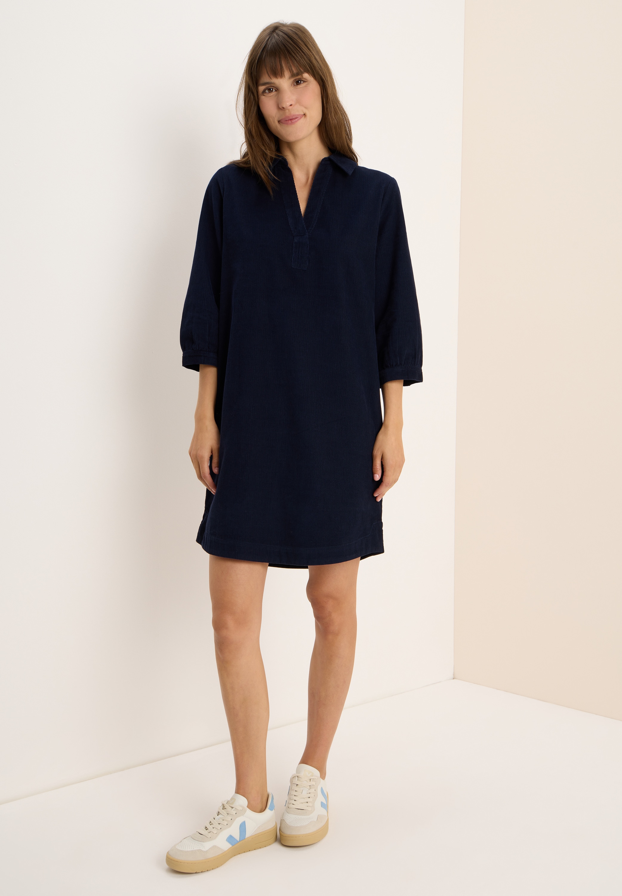 Midikleid CECIL, Damen, Gr. L (42), US-Größen, blau (urban dunkelblau), Web, 100% Baumwolle, unifarben, normal knielang, V-Ausschnitt, Bündchen, Kleider Midikleid, in Unifarbe